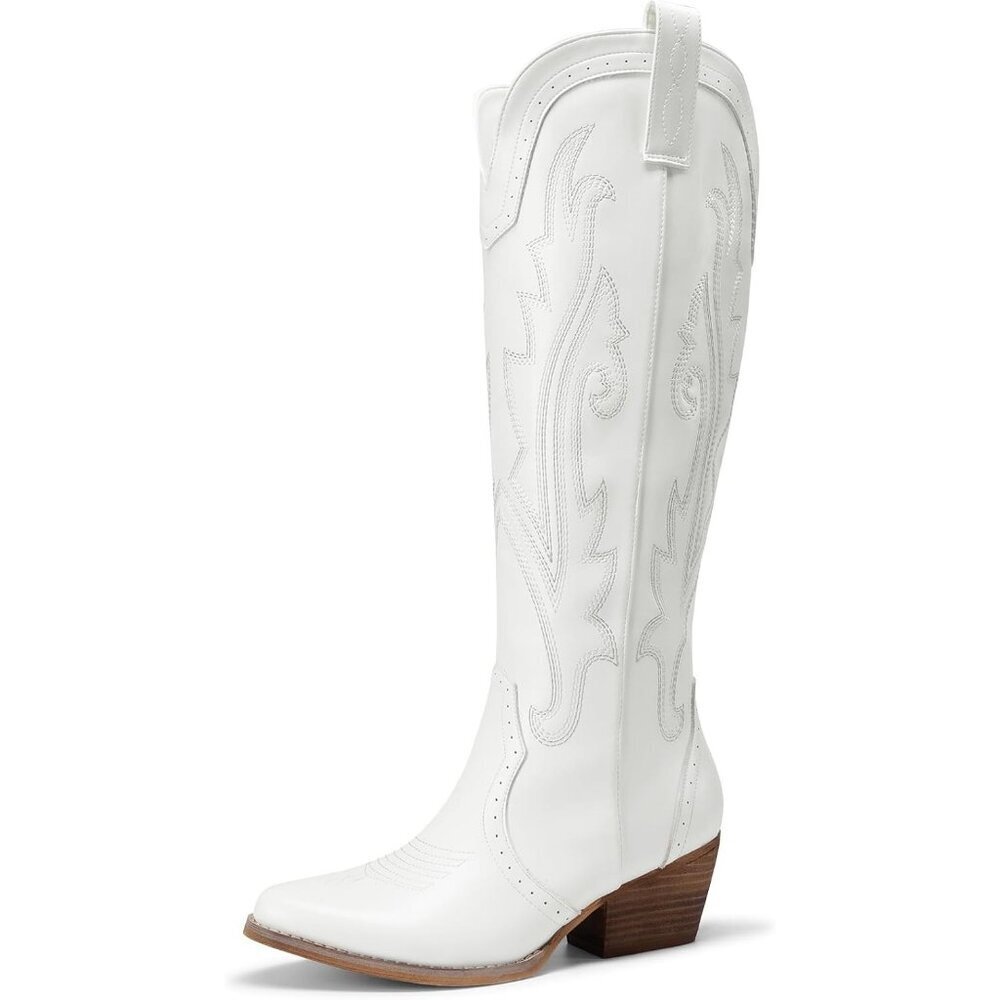 Women's White Rubber Embroidered Cow Girl Knee High Comfortable Chunky Boots